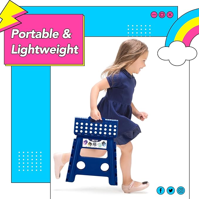 Delxo Folding Step Stool, 13 inch Non-Slip Foldable Stools for Kids & Adults Up to 300 LBS, Step Stool with Handle, Lightweight for Kitchen, Bathroom, Bedroom, Garden, Blue, 1PC
