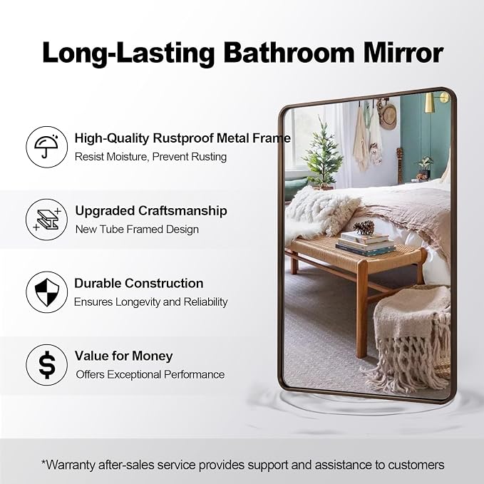 ANDY STAR Bronze Bathroom Mirror, 30x48 Inch Oil Rubbed Bronze Mirror Rounded Rectangle Tube Metal Frame 1’’ Deep, Wall-Mounted Horizontal/Vertical