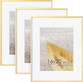 16x20 Metal Picture Frame For Wall With Mat For 11x14, 16''x20'' Aluminum Photo Frames With Tempered Glass For Home Decor, Minimalist Modern Poster Frame Horizontally Vertically Set of 3, Gold
