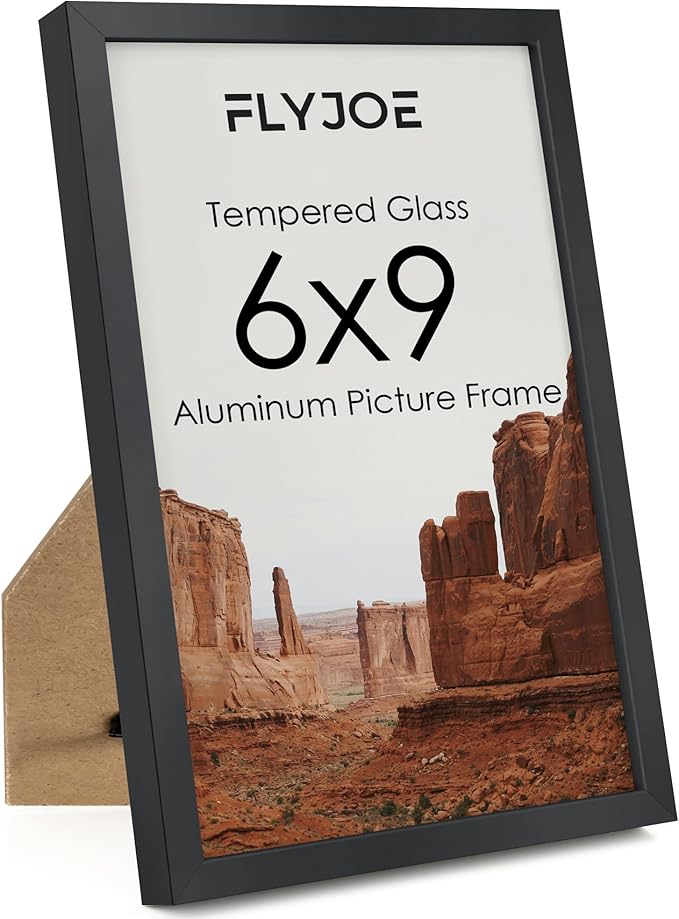 6x9 Metal Picture Frame - Black Aluminum Picture Frames with Real Glass, Wall Mounting Horizontally or Vertically, Simple and Elegant Decor for Wall Gallery Poster Photo 9x6 Frames, Black
