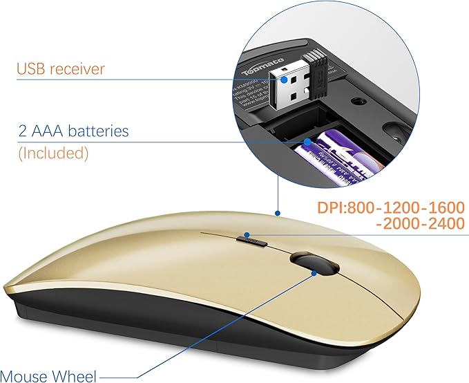 Wireless Keyboard and Mouse Ultra Slim Combo, TopMate 2.4G Silent Compact USB 2400DPI Mouse and Scissor Switch Keyboard Set with Cover, Batteries Included, for PC/Laptop/Windows/Mac - Gold Black