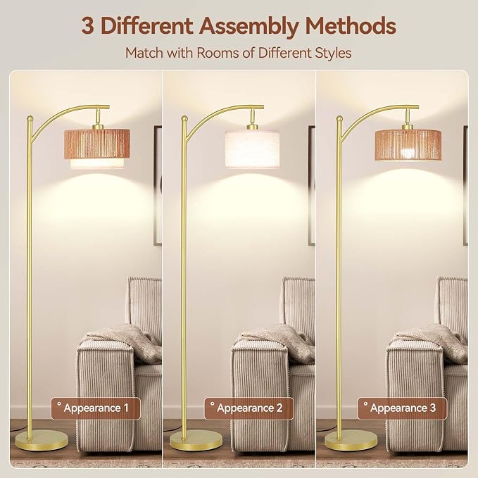 SUNMORY Floor Lamps for Living Room with 12W LED Bulb, Arc Floor Lamp with 3 Color Temperatures, Farmhouse Floor Lamps with Adjustable Rattan & Fabric Shades, Boho Standing Lamp for Bedroom, Corner
