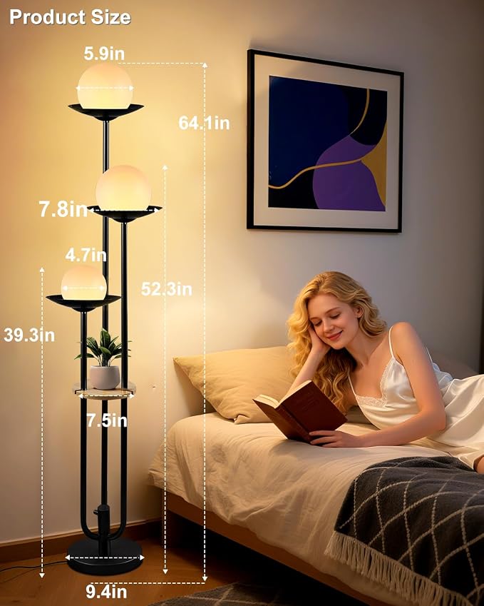 Lightdot Globe Floor Lamp with Shelf 3-Lights Modern Dimmable Floor Lamps 3000K Warm White Bulbs Included Black Tall Standing Lamp with 5Lbs Heavy Base for Living Room/Bedroom/Sofa Beside/Corner Decor