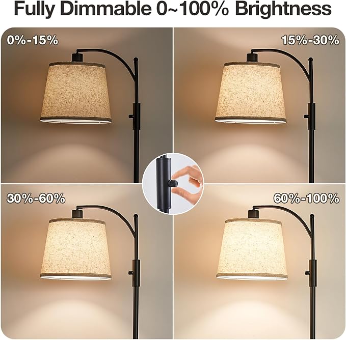 AIDENOEY Fully Dimmable Floor Lamp for Living Room，Standing Lamp Rotary Switch with Linen Beige Shade，Black Tall Lamps for Bedroom with Adjust Head，9W LED Bulb Included