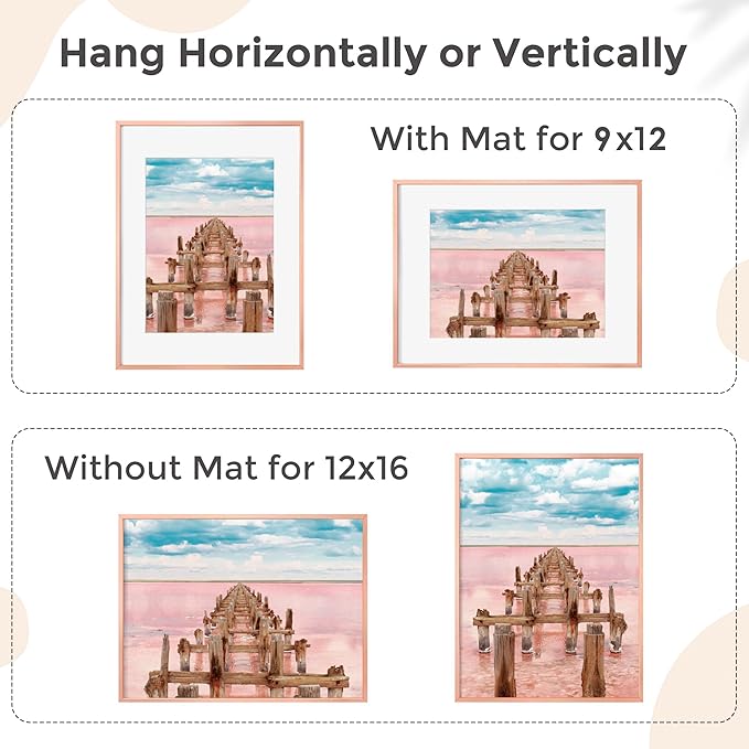 12x16 Metal Picture Frame For Wall With Mat For 9x12, 12''x16'' Aluminum Certificate Document Frames With Tempered Glass, Minimalist Modern Poster Frame Horizontally And Vertically, Rose Gold