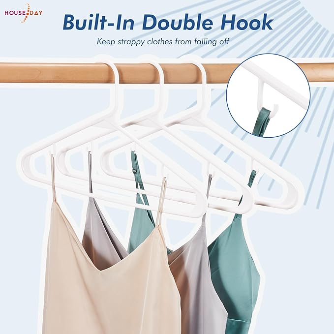 HOUSE DAY White Plastic Hangers 100 Pack, Plastic Clothes Hangers with Built-in Hooks, Durable and Strong Coat Hangers for Closet, Space Saving Clothing Hanger for Shirts, Coats, Skirt, Dress