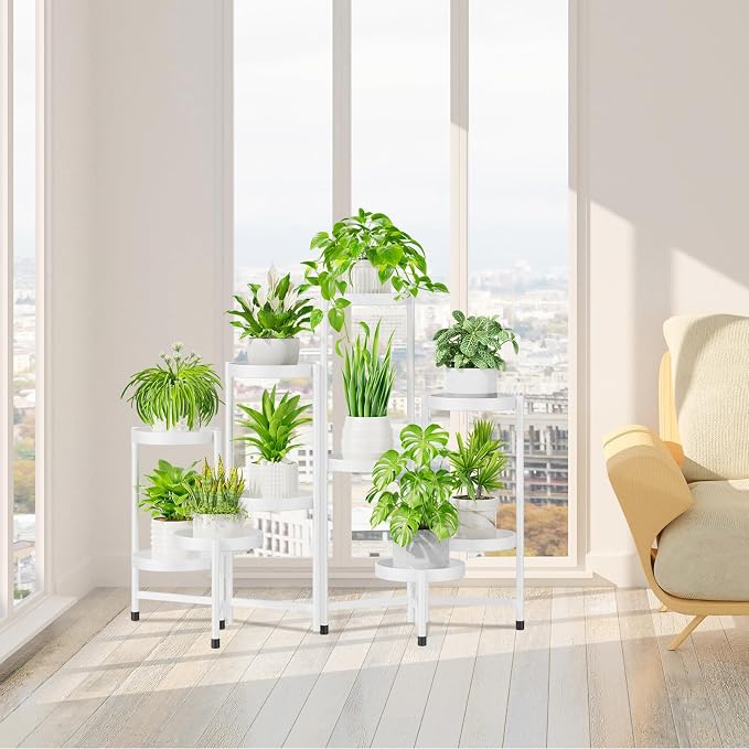 iDavosic.ly Plant Stand Indoor Outdoor, 10 Tier Corner Metal Flower Display Holder Shelf, Folding Tall Orchid Rack for Patio Balcony Porch Garden Living Room House, White