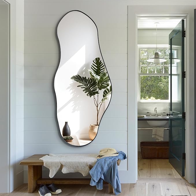 Irregular Wall Mirror, 47"x20.5" Asymmetrical Decorative Accent Mirror with Black Metal Frame, Organic Shape Mirrors for Entryway Bedroom Living Room, Horizontal or Vertical Hanging