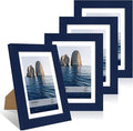 5x7 Picture Frame Set of 4, 5 x 7 Wood Photo Frames with Mat for 4x6, Natural Wooden Frame with Real Glass Cover for Wall and Tabletop Display,Blue