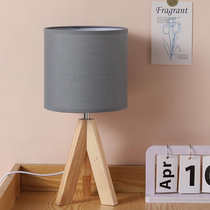 Table Lamp,Small Tripod Desk Lamp with Linen Fabric Lampshade,14.9",Tri-Color 5W Wooden Table Lamp for Living Room,Kids Room,Nursery (Grey)