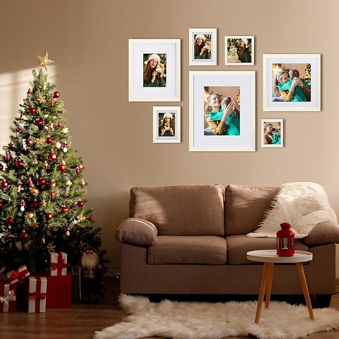 Egofine 8x10 Picture Frame Made of Solid Wood with Plexiglass, Display Pictures 4x6/5x7 with Mat or 8x10 Without Mat for Tabletop and Wall Mounting, Beige