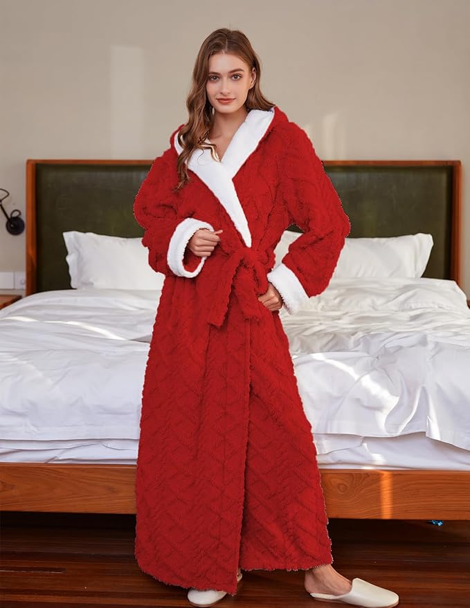 LKG women's robes long plush hooded ladies shower luxury christmas warm fuzzy robes house coat bathrobe for women full length