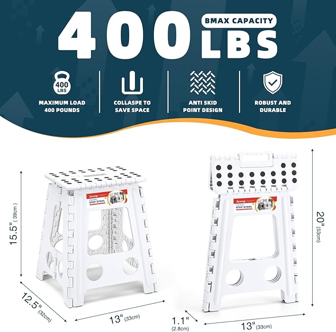 ACSTEP Folding Step Stool 16 Inch Heavy Duty Step Stool Foldable for Adults and Kids, Collapsible Stepping Stool with Handle, Non Slip Folding Stools for Kitchen Hold Up to 400lbs (White 1PC)