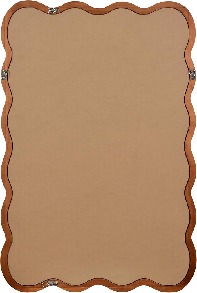 36x24 Inch Wooden Wavy Rectangle Wall Mirror, Modern Solid Wood Frame Decorative Accent Mirror for Bedroom, Bathroom, Living Room, Entryway, Yellowish Brown