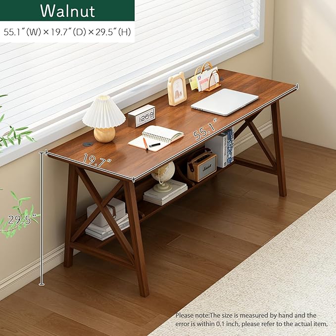 Extra Long Desk with Bookshelf - Wooden Home Office Work Study Table, Writing Computer Workstation with Storage Shelf in Walnut, 55" Wx20 Dx30 H