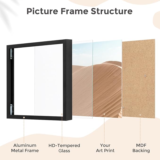 7x7 Metal Picture Frame - Black Aluminum Square Frames with Real Glass, Wall Mounting Horizontally or Vertically, Simple and Elegant Decor for Wall Gallery Poster Photo Frames, Black