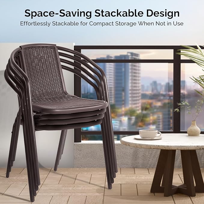 VINGLI PE Rattan Outdoor Dining Chairs Set of 1, Plastic Stackable Patio Chairs for Indoor, Porch, Restaurant, Garden, Brown