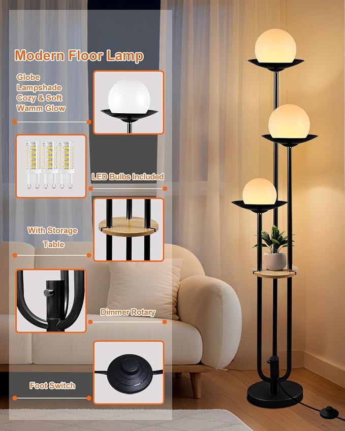 Lightdot Globe Floor Lamp with Shelf 3-Lights Modern Dimmable Floor Lamps 3000K Warm White Bulbs Included Black Tall Standing Lamp with 5Lbs Heavy Base for Living Room/Bedroom/Sofa Beside/Corner Decor