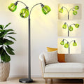 Arc Floor Lamps for Living Room, Dimmable Floor Lamp with Green Flower Glass Shades and 3 Brightness Lights, Adjustable Arm, Modern Tree Tall Standing Lamp Corner Arched Light for Bedroom Decor