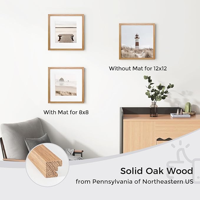 Axeman 12x12 Picture Frame with Mat for 8x8, Solid Oak Wood Square Picture Frame with Tempered Glass, Natural Wooden 12x12 inch Photo Frame for Wall Home Decor Art Photo and Prints, Set of 2, Natural