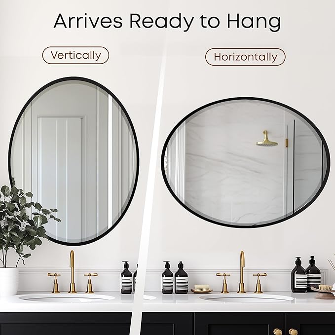 OVALCREST - Oval Wooden Beveled Wall Mirror for Home Decor, Bathroom, Vanity, Bedroom, Living Room, Hallway - London Style (Matte Black) 25.1 x 19.1