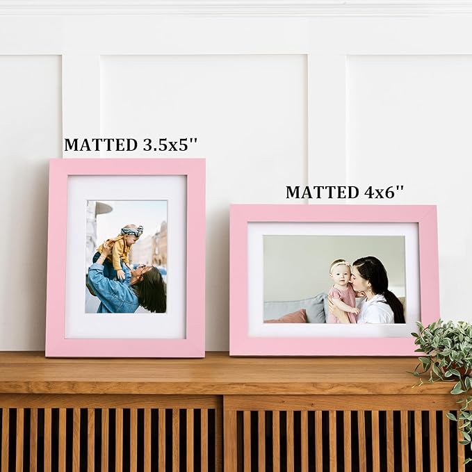 Egofine 5x7 Picture Frame Made of Solid Wood with Plexiglass, Display Pictures 3.5x5/4x6 with Mat or 5x7 Without Mat for Tabletop and Wall Mounting, Pink