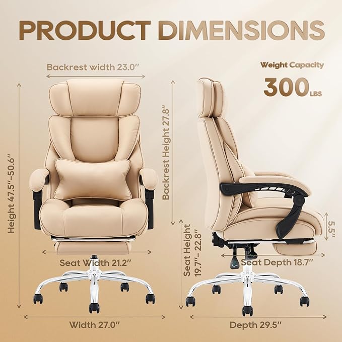 COLAMY Office Chair with Retractable Footrest, Ergonomic High Back Design Executive Computer Desk Chair with Removable Lumbar Pillow, 90-135°Reclining, Thick Bonded Leather, 2 PCs, Khaki