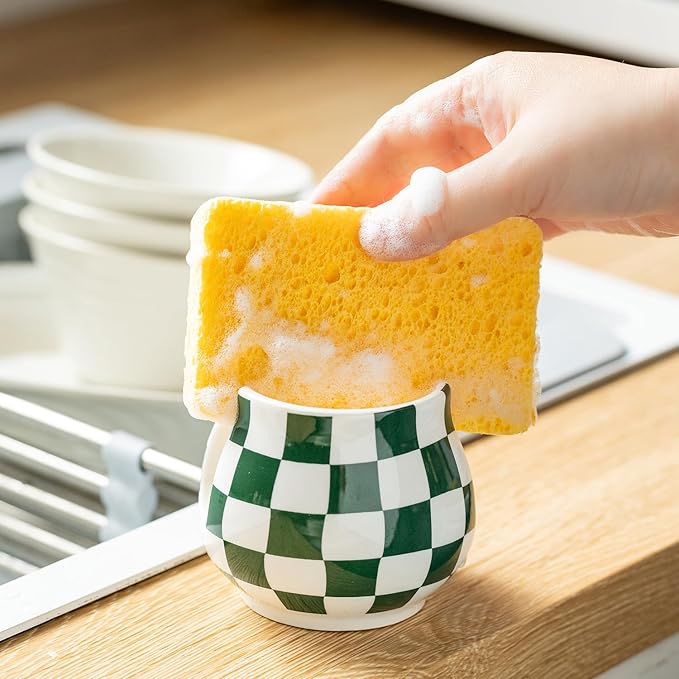 Kitchen Sponge Holder, Ceramic Sponge Organizer Checkered Scrubby Holder Sink