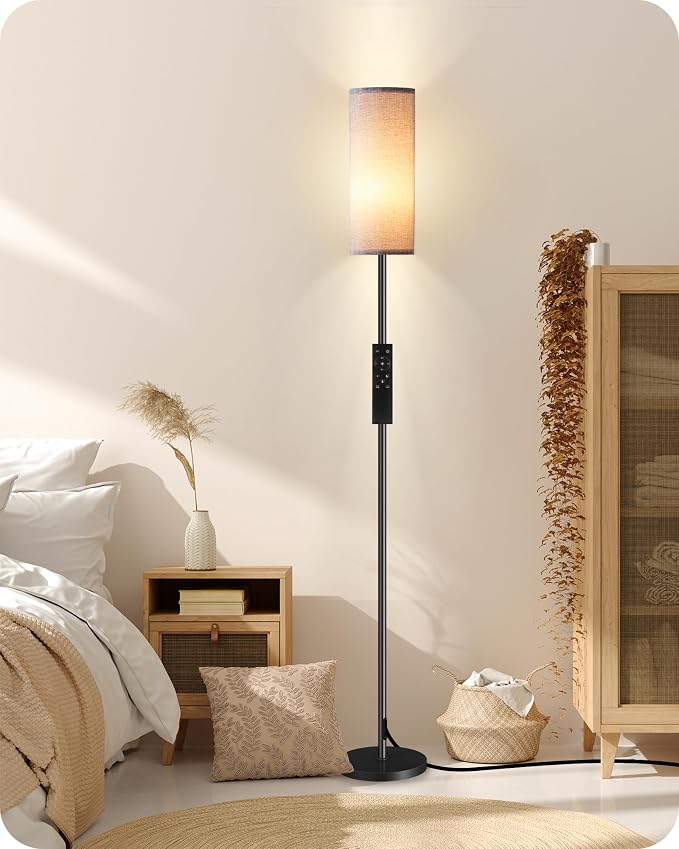 Dimmable Gray Floor Lamp for Living Room with Remote and Foot Switch, Corner Floor Lamp for Bedroom, Modern Standing Tall Lamp, 10W 900LM Bulb Included, 3000K-6500K, Linen Shade, FCC Listed H06LD05W1
