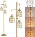 9MMML Golden Dimmable Floor Lamp,Industrial Gold Farmhouse Tall Standing Lamp for Living Room, Bedroom Office,3 Teardrop Cage Lampshade,3 LED Bulbs Inculded, 68'' Tall