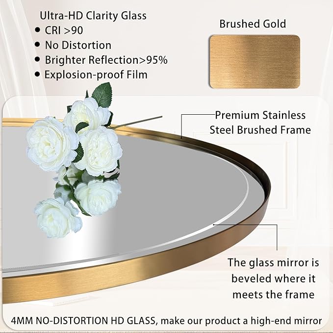 POZINO Beveled Bathroom Mirror, 24"x36" Brushed Gold Oval Vanity Mirror Over Sink, Pill Shaped Capsule Wall Mirrors for Bedroom Entryway Living Room, Hangs Vertically or Horizontally