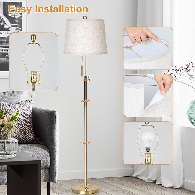 Gold Floor Lamp for Living Room 55-65" Adjustable Modern Brass Standing Lamp with Pull Chain Tall Pole Light with Beige Shade for Bedroom Reading Office Corner Nursery 9W LED Bulb Included 3 ColorTemp
