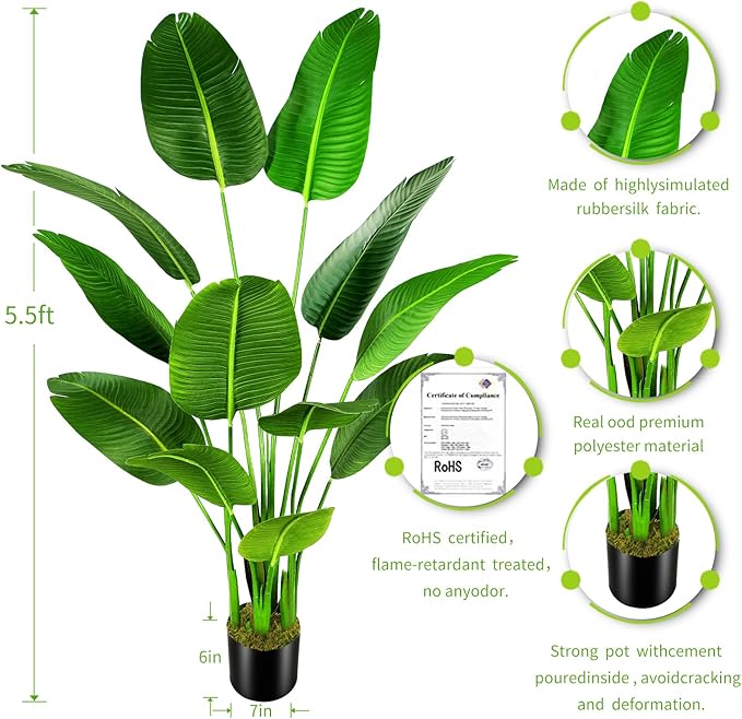 5.5ft Artificial Silk Bird of Paradise Palm Tree (65in) with 12 Trunks Faux Tree and Plastic Nursery Pot, Fake Plant for Office House Farmhouse Living Room Home Decor (Indoor/Outdoor)