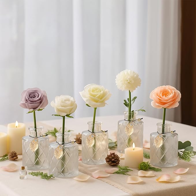 Glass Reed Diffusers Bottles for Home, Diffuser Bottles with 40PCS Reed Diffuser Sticks, Vintage Embossed Apothecary Style Flower Bud Vases with Cork Lids, Set of 6