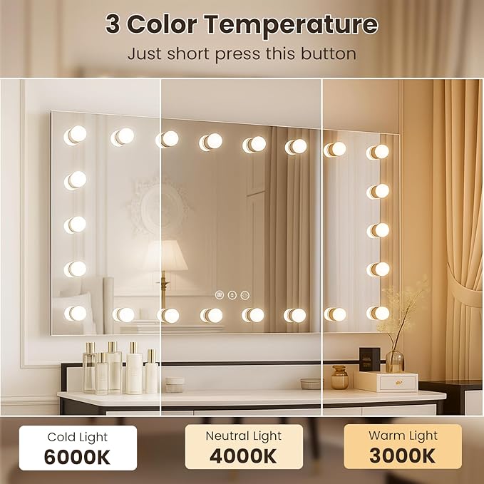 WTTY 72"x36" Hollywood Vanity Mirror with Lights, Wall-Mounted Makeup Mirror with 3 Color Temperatures, Stepless Dimmable Bulbs, Anti-Fog & Shatter-Proof