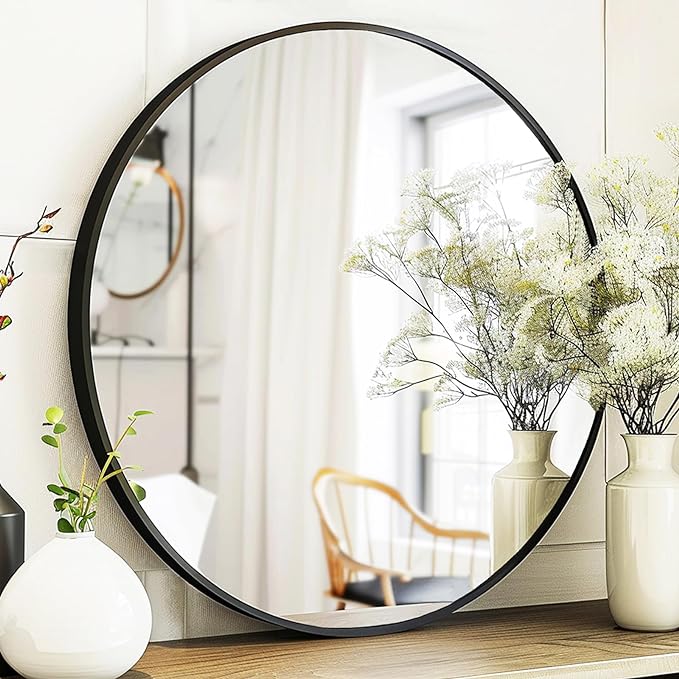 Sunniry Round Mirror 30 inch, Large Round Mirror, Black Bathroom Mirrors with Matte Aluminum Frame, Circle Mirrors for Wall, Bathroom, Living Room, Hallway.