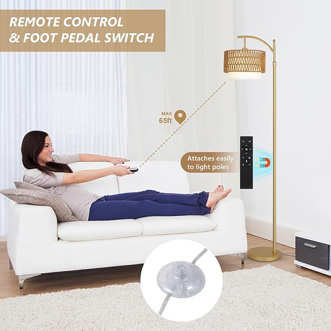 Gold Floor Lamps for Living Room with Remote & Dimmable LED Bulb, Modern Arc Floor Lamp with 3 Color Temperatures, Boho Standing Lamp with Rattan & Fabric Shades, Adjustable Tall Lamp for Bedroom