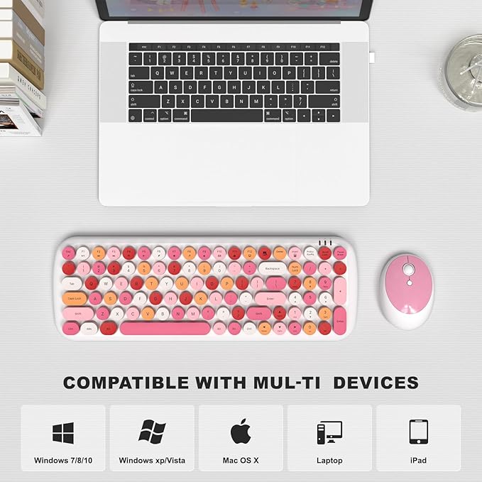 Wireless Keyboard and Mouse Combo, MOWUX - Modern Compact Layout, Colorful Compact Candy Mouse and Retro Round Keyboard Set with Cover, for PC/Laptop/Windows/Mac - White Pink Colorful