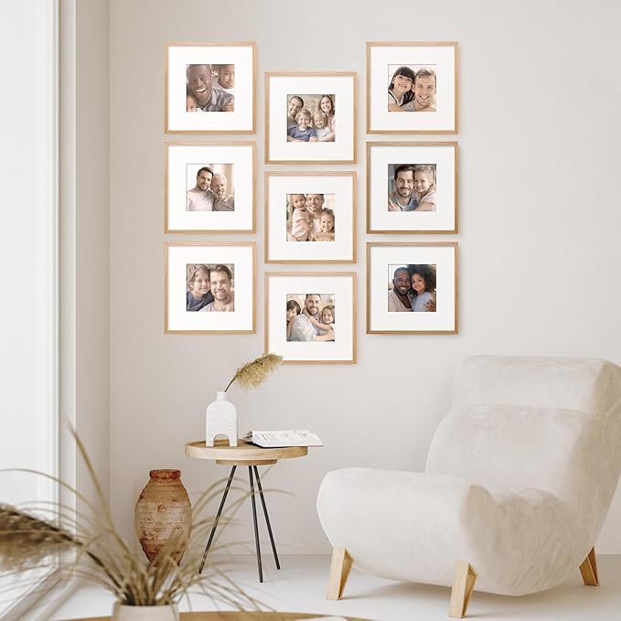 Axeman 8x8 Solid Oak Wood Picture Frame With Mat - 4x4 | Plexiglass & Hanging Hardware Included - Natural, 3 PCs