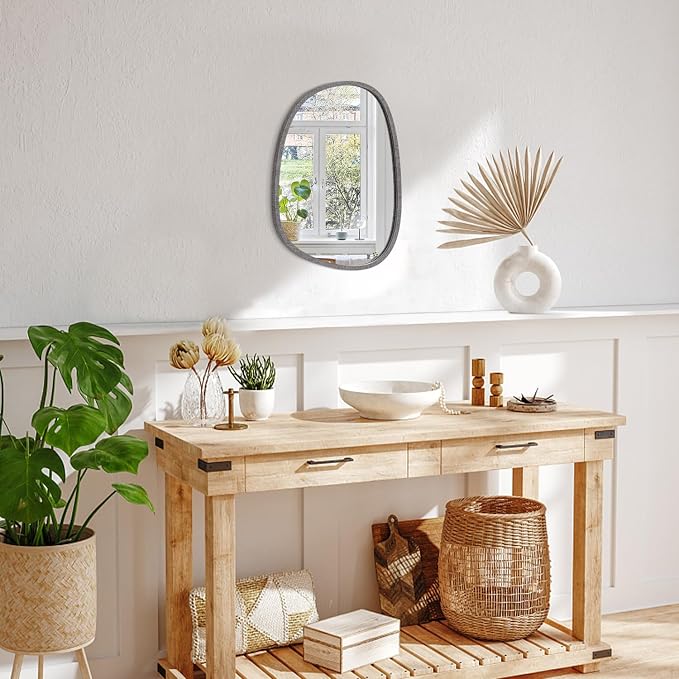 Asymmetrical Mirror for Wall Irregular Small Wall Mirror Oval Modern Wood Frame Unique Shape Mirror Wall Mounted Vanity Artistic Mirror Decorative for Living Room Bedroom Bathroom Entryway Hallway