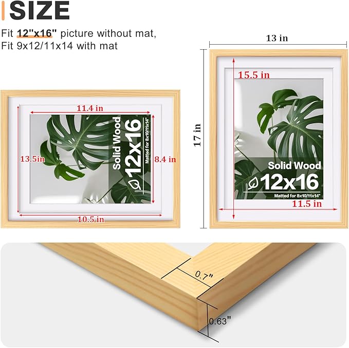 Egofine 12x16 Picture Frame Natural Wood Made of Solid Wood with Plexiglass, Display Pictures 9x12/11x14 with Mat or 12x16 Without Mat, for Wall Mounting Photo Frame