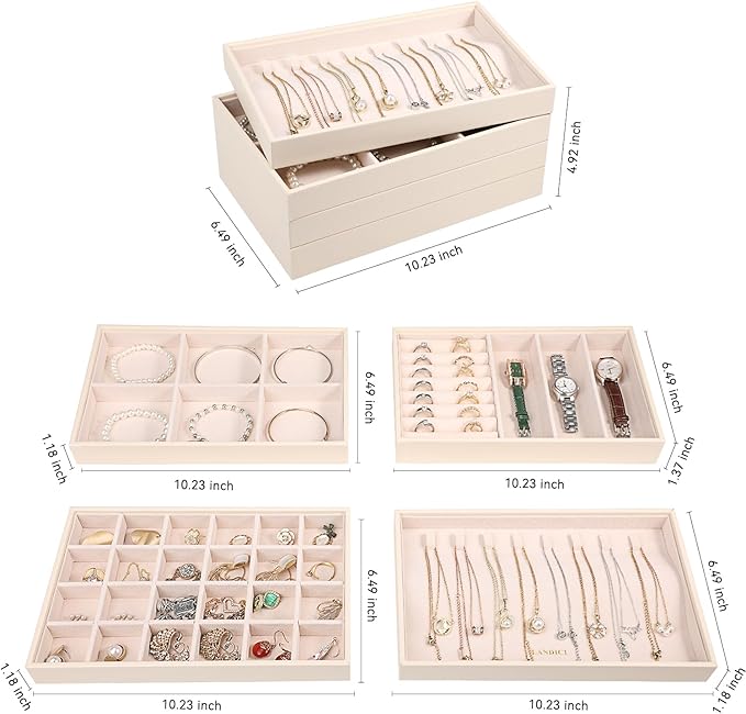 LANDICI Stackable Jewelry Organizer Trays 4 Set, PU Leather Jewelry Organizer