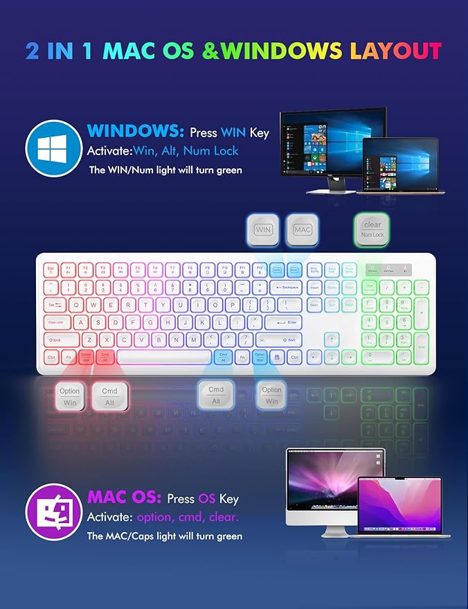 Wireless Keyboard and Mouse - RGB Backlit, Rechargeable & Light Up Letters, Full-Size, Ergonomic Tilt Angle, Sleep Mode, 2.4GHz Quiet Keyboard Mouse for Mac, Windows, Laptop, PC, Trueque(White)