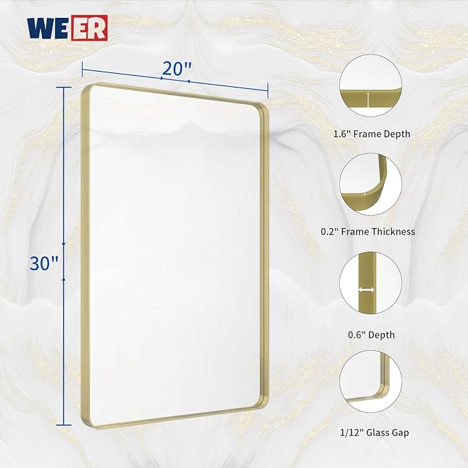 WEER Gold Bathroom Mirror, 20X30 Inch Brushed Gold Metal Frame Mirror, Rounded Rectangle Gold Bathroom Vanity Mirror for Wall, Tempered Glass, Anti-Rust, Hangs Horizontally or Vertically