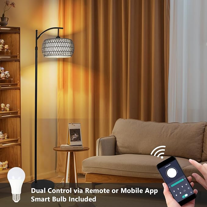 Arc Floor Lamp for Bedroom, Boho Standing Lamp with Remote & LED Smart Bulb, Rattan Floor Lamps for Living Room with 3 Color Temperatures, Height Adjustable Corner Tall Lamp, Stand up Light for Office