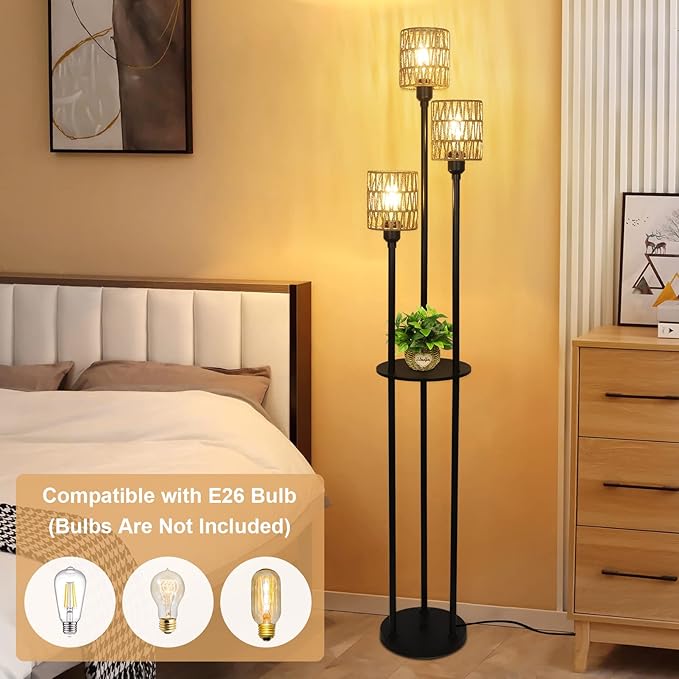 Boho Floor Lamp with Shelves, 3-Lights Farmhouse Tall Floor Lamp with ON/Off Foot Switch, Rustic Standing Lamp with Rattan Shades for Living Room Bedroom Office