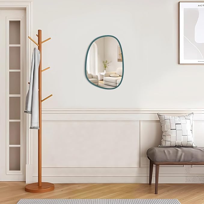 Small Blue Wall Mirror Asymmetrical Irregular Wood Frame Mirror Unique Modern Wall-Mounted Artistic Oval Shape Mirror Decor for Bedroom Living Room Bathroom Entryway Hallway Vanity