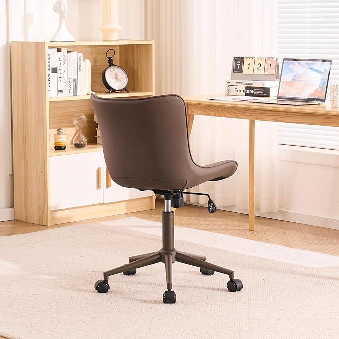 YOUTASTE All Brown Office Chair, Modern Armless Desk Chair with Back, Adjustable Swivel Rolling Faux Leather Task Chair with Wheels Metal Base for Home Office, Study, or Vanity