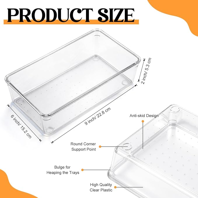 Maitys 12 Pcs Clear Drawer Organizer 9 x 6 x 2 Inches Plastic Rectangle Trays