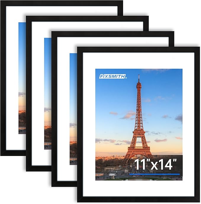 FIXSMITH 11x14 Picture Frame Bulk-4 Pack, Photo Frame with HD Plexiglass, Display Pictures 8x10 with Mat or 11x14 Without Mat, Black Picture Frames Collage Wall Decor, Gallary Wall Frame